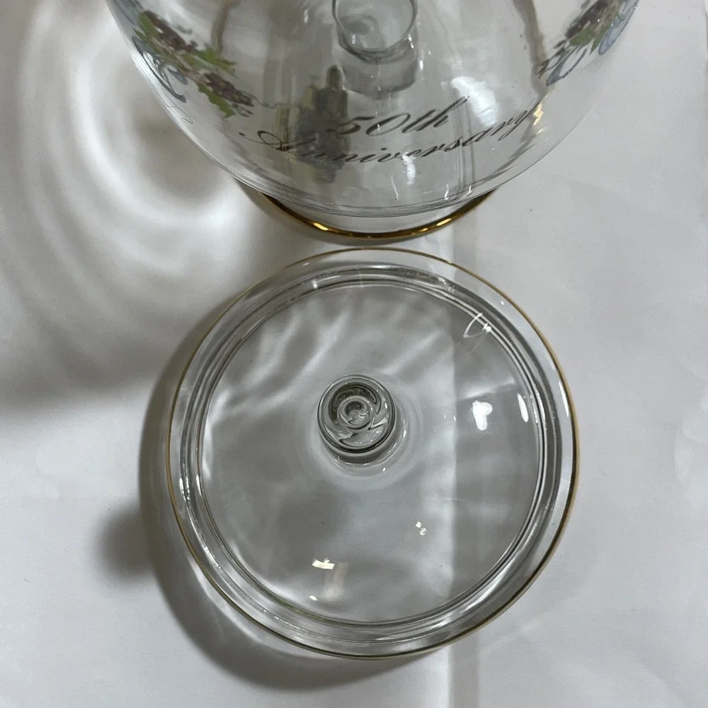 FENTON‎ GLASS 50th ANNIVERSARY COVERED CANDY DISH GOLD TRIM FLORAL CLEAR Glass